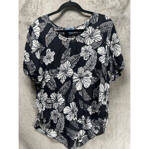 Blue Ginger Women’s Medium Top Black White Tropical Floral Rayon Asymmetric Hem